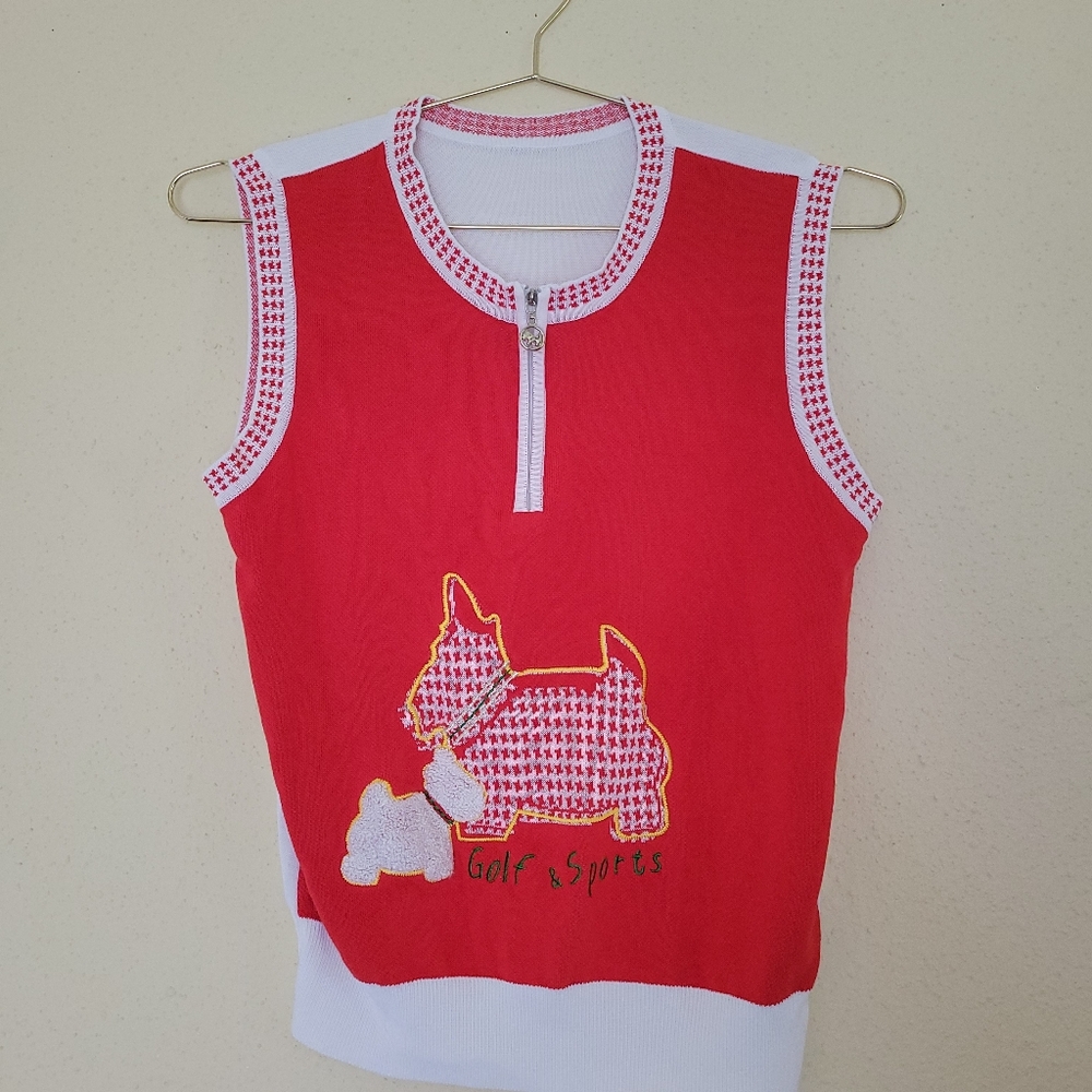 Gulf and Sports red and white knit top with poodle